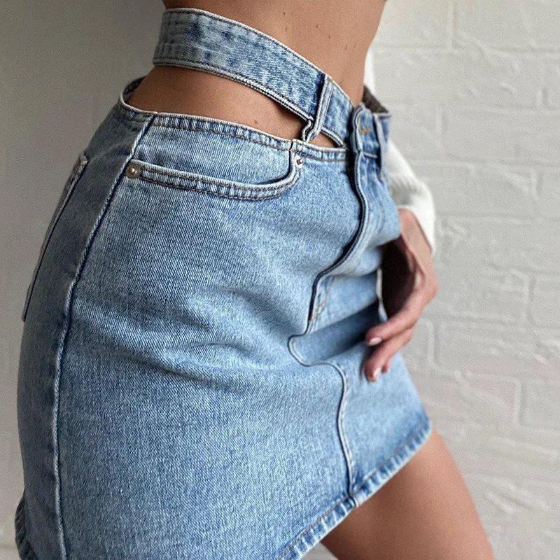2025 Single-sided Hollow Denim Skirt with High Waist and Slimming Effect Casual Hip Hugging Denim Skirt for Women 250514