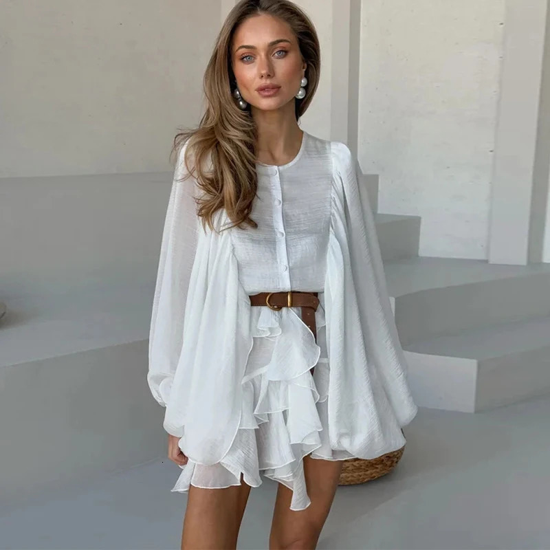 Tornova Fashion Ruffled Mini Dress Womens Loose O Neck Single Breasted Outfits Female Lantern Sleeve Elegant Ladies 250514