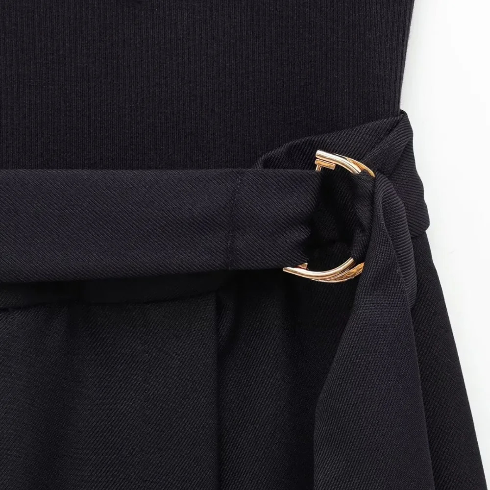 ZBZA Womens Slim Sexy Mini Dress with Belt Vintage Crew Neck Sleeveless Midrise Solid Patch Pocket Summer Chic Top 250514