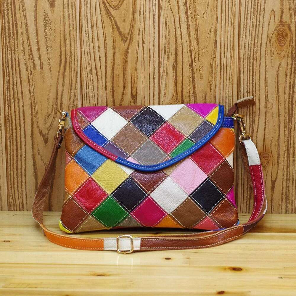 Genuine Leather Cowhide Women's Fashionable Niche Design Colorful Plaid Cosmetic Crossbody Ladies Shoulder Small Bag