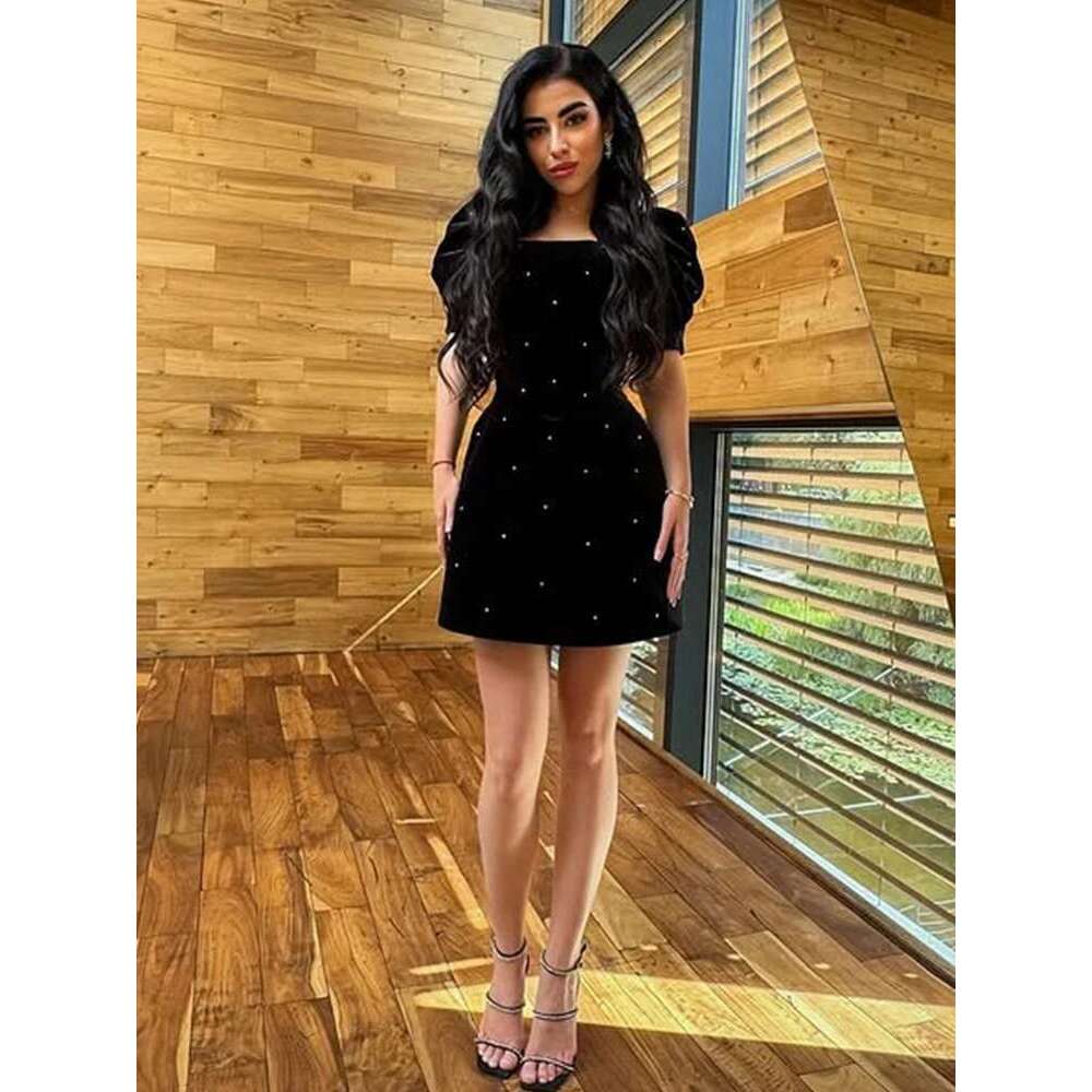 Veet Square Collar Rhinestones Lantern Sleeve Dress Women Shiny High Waist Slim A-line Party Dresses 2025 Lady Evening Gowns N