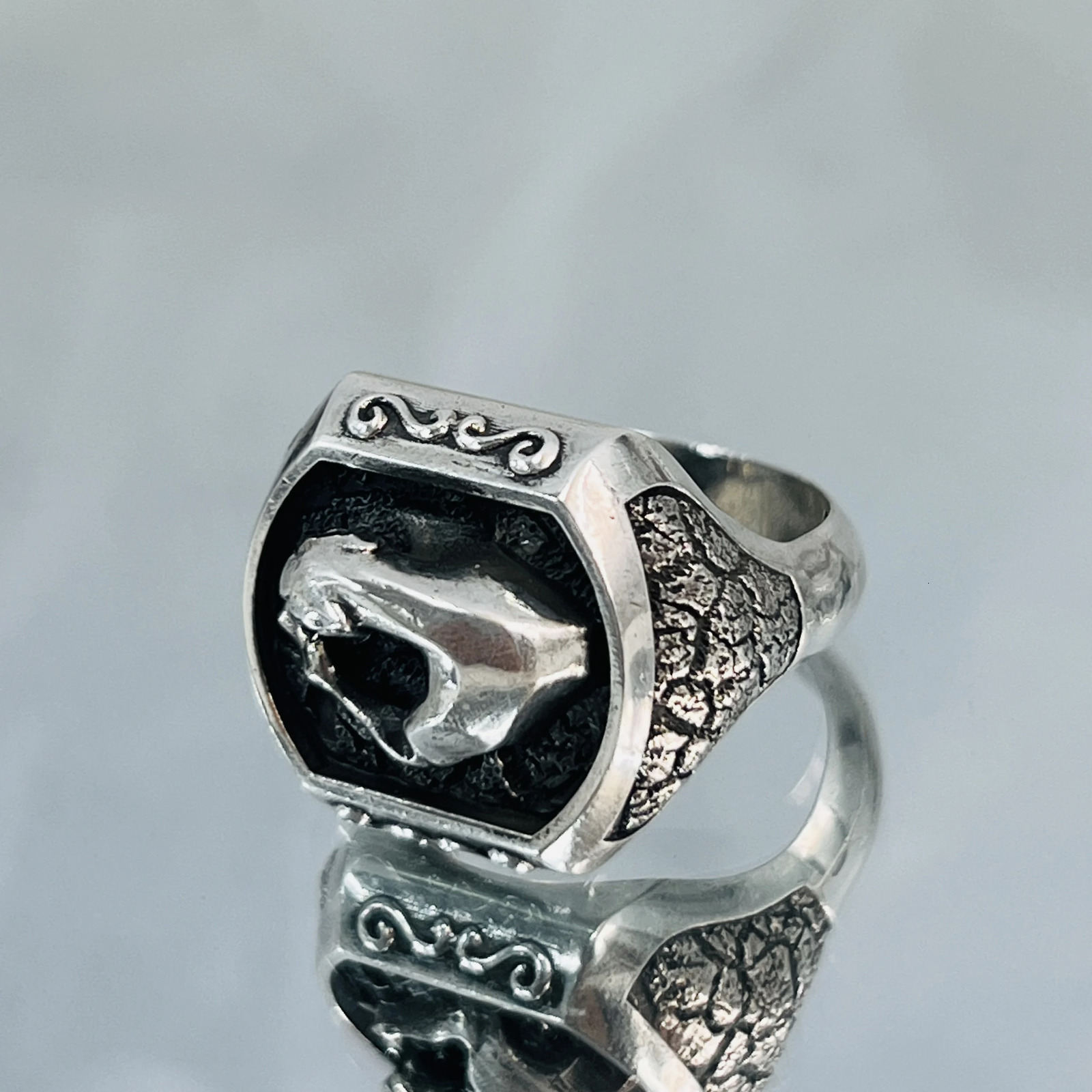 S925 Silver Vintage Made Old Cheetah Oxidized Black Ring Punk Wind Men and Women Ring 250509