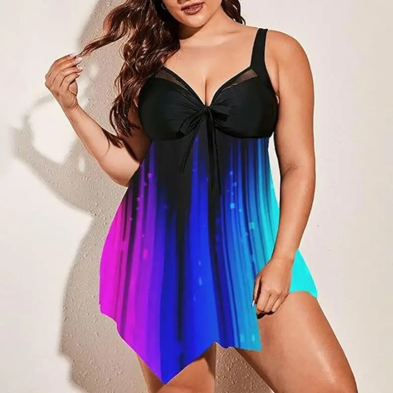 Plus Size Womens Ombre Print Bow Knot Contrast Mesh Tankini Sexy Casual Summer Beach swimsuit 250509