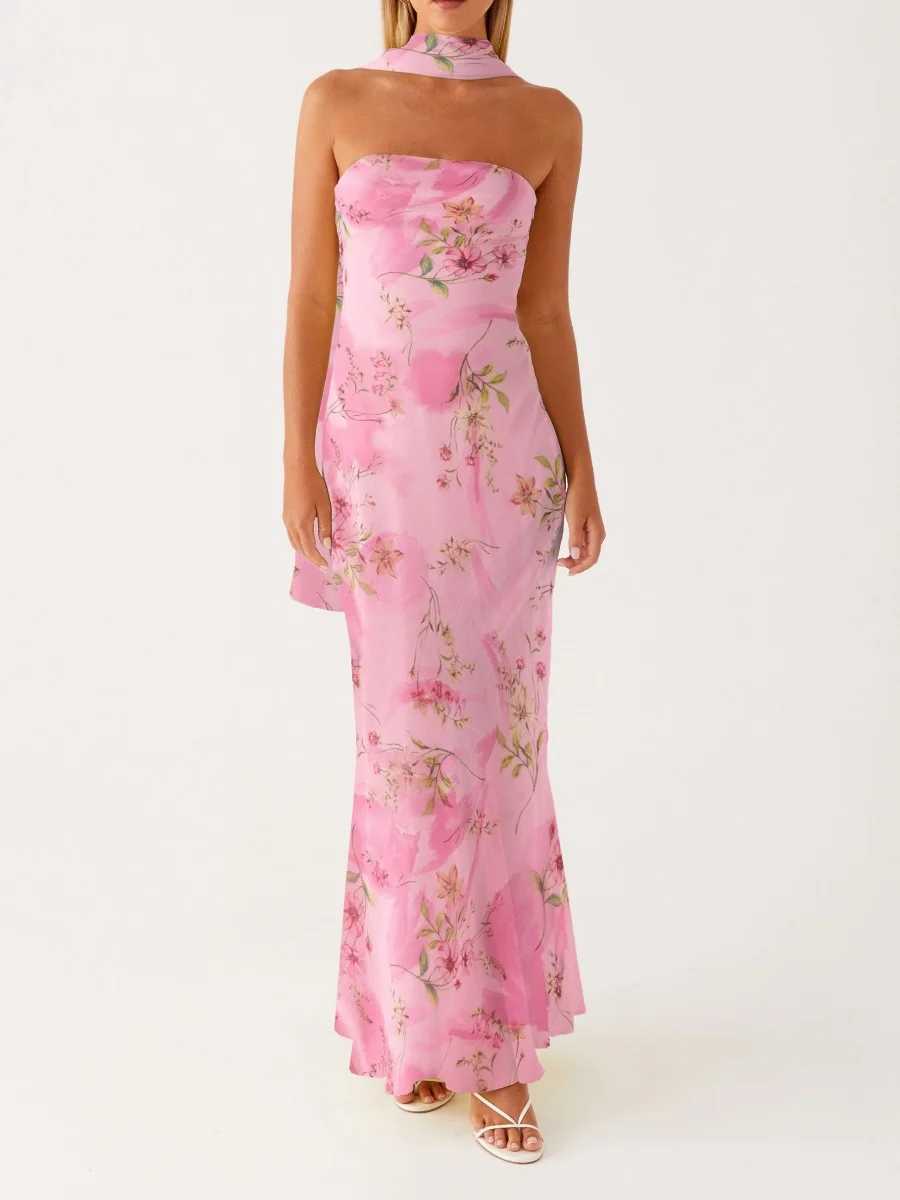 Womens Floral Strapless Dress Sexy Backless Maxi Long Dress Y2K Sleeveless Mesh Bodycon Tube Dress with Neck Scarf SundressXJ250514
