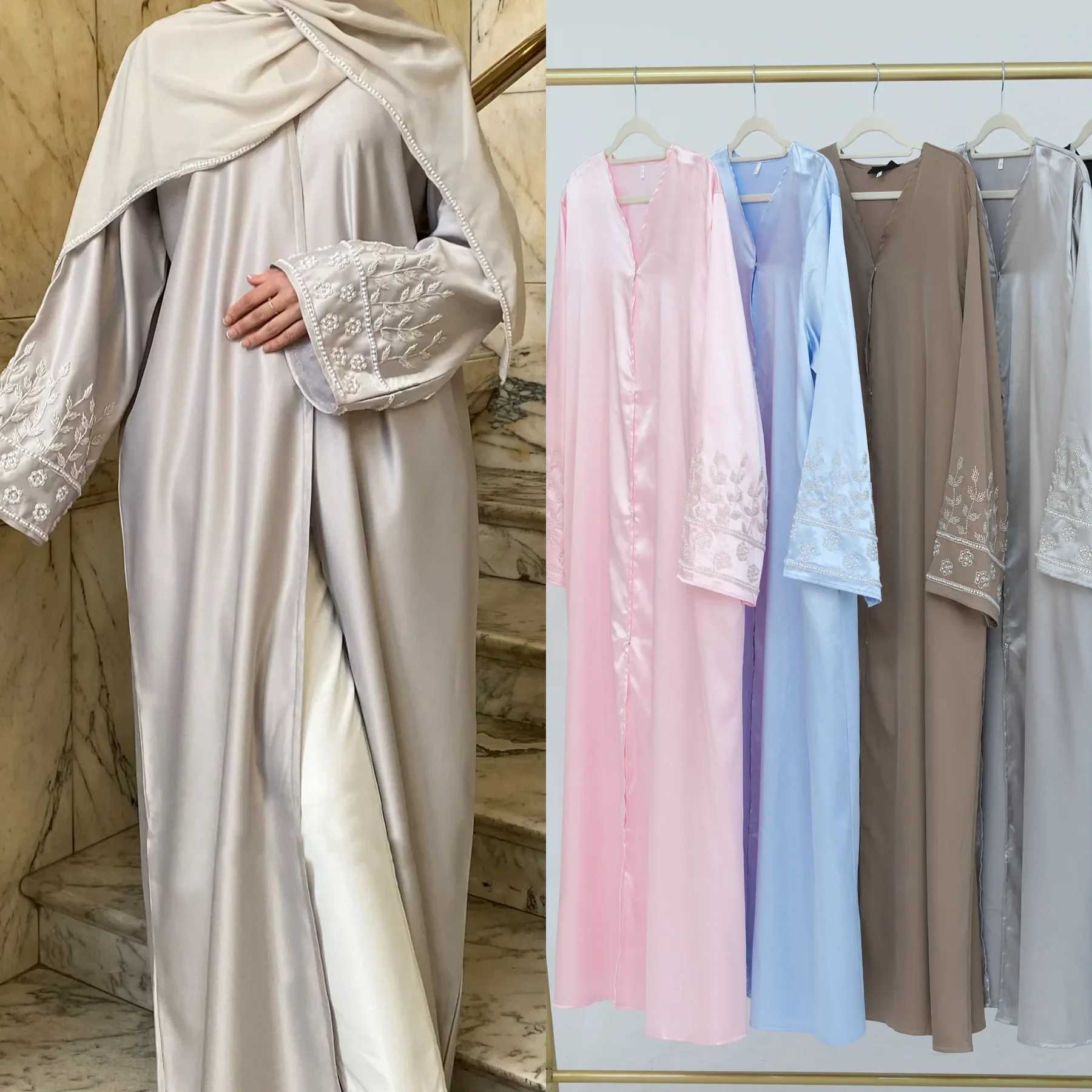 Ramadan Beads Abayas for Women Muslim Satin Maxi Dress Dubai Kaftan Turkey Robe Islam Clothing Eid Kimono Cardigan Ka Abaya X250514