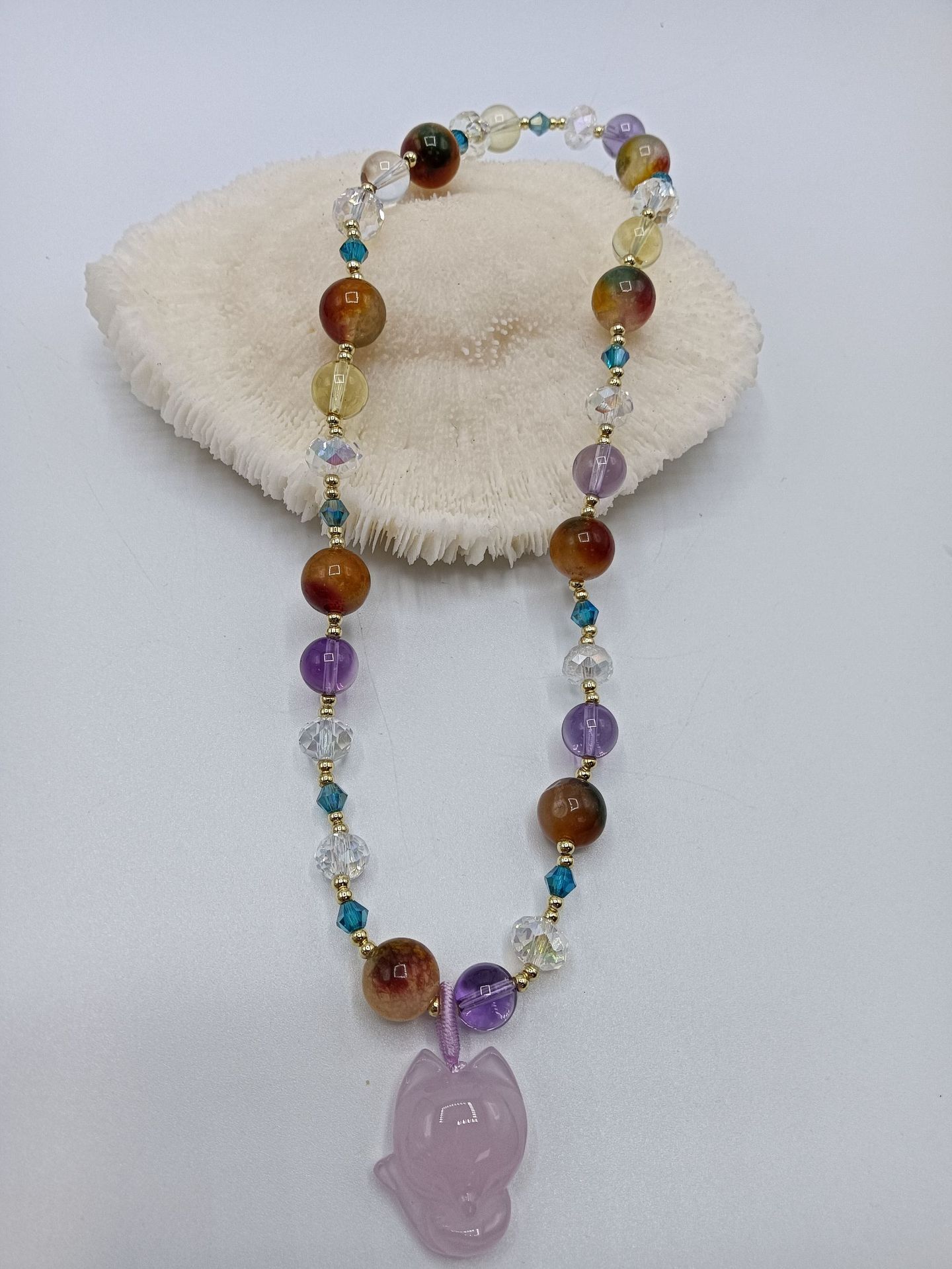 Purple Stone Fox Pendant with Double Loop Pearl and Bead Bracelet