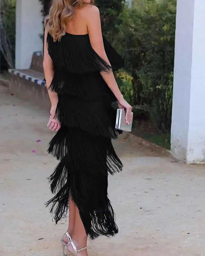 Diagonal Collar Dissymmetry Summer Dress Fashion Tassel Evening Dresses Sleeveless Long Dress for Woman Party DressesXJ250514
