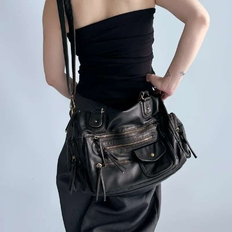 Women's fashion retro old motorcycle large capacity washed Y2K hot girl shoulder messenger bag