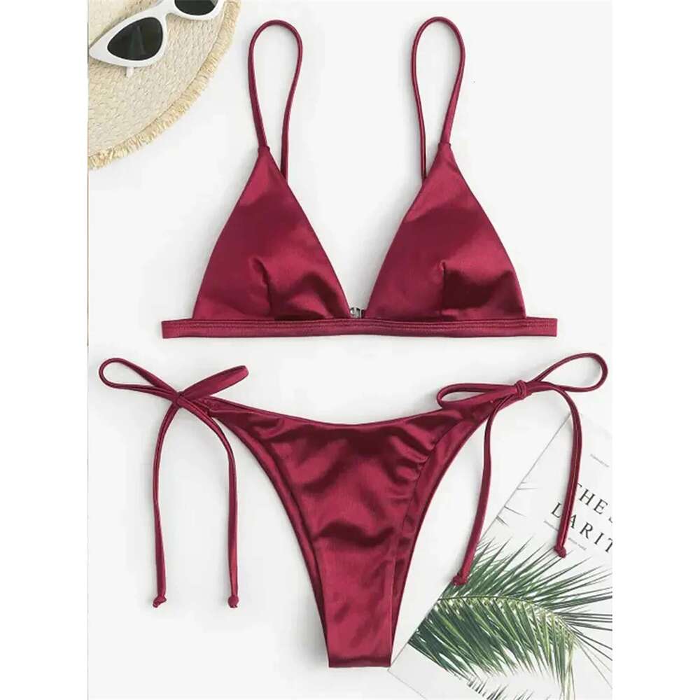 6 Colors Satin High Leg Cut Brazilian Women Swimwear Female Swimsuit Two-pieces Bikini set Bather Bathing Suit Swim K4964