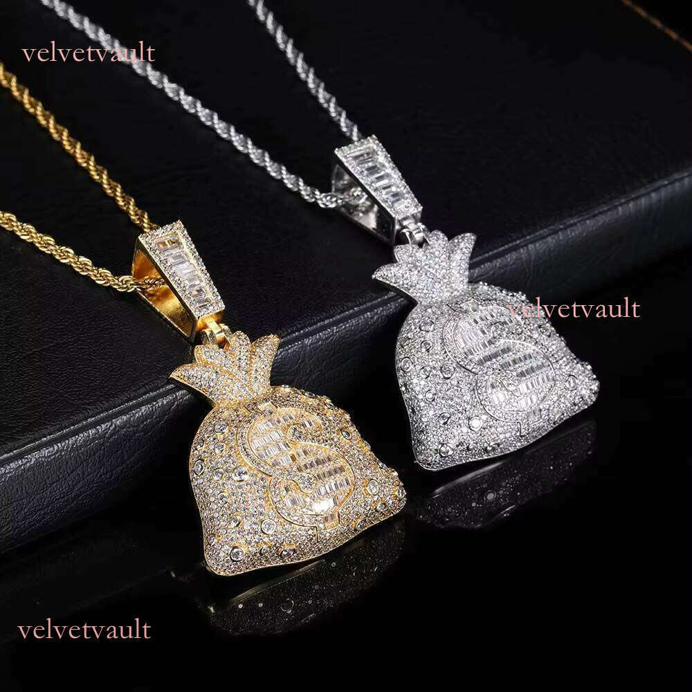 Hip hop Gold Plated Wallet for Men Micro Inlaid Cubic Zirconia Iced USD Money Bag Pendant Necklace