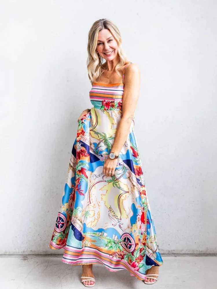 2025 Summer Fashion New Womens Elegant Dress Printed High Waist Vacation Style Big Swing Vacation A-line Long DressXJ250514