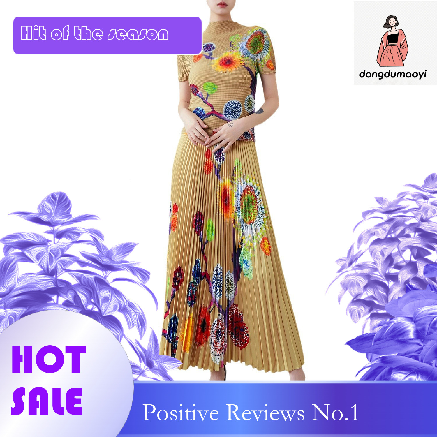 dongdumaoyi Miyake design style short sleeved T-shirt with a large display to cover the flesh, half skirt women's summer new style, two-piece set