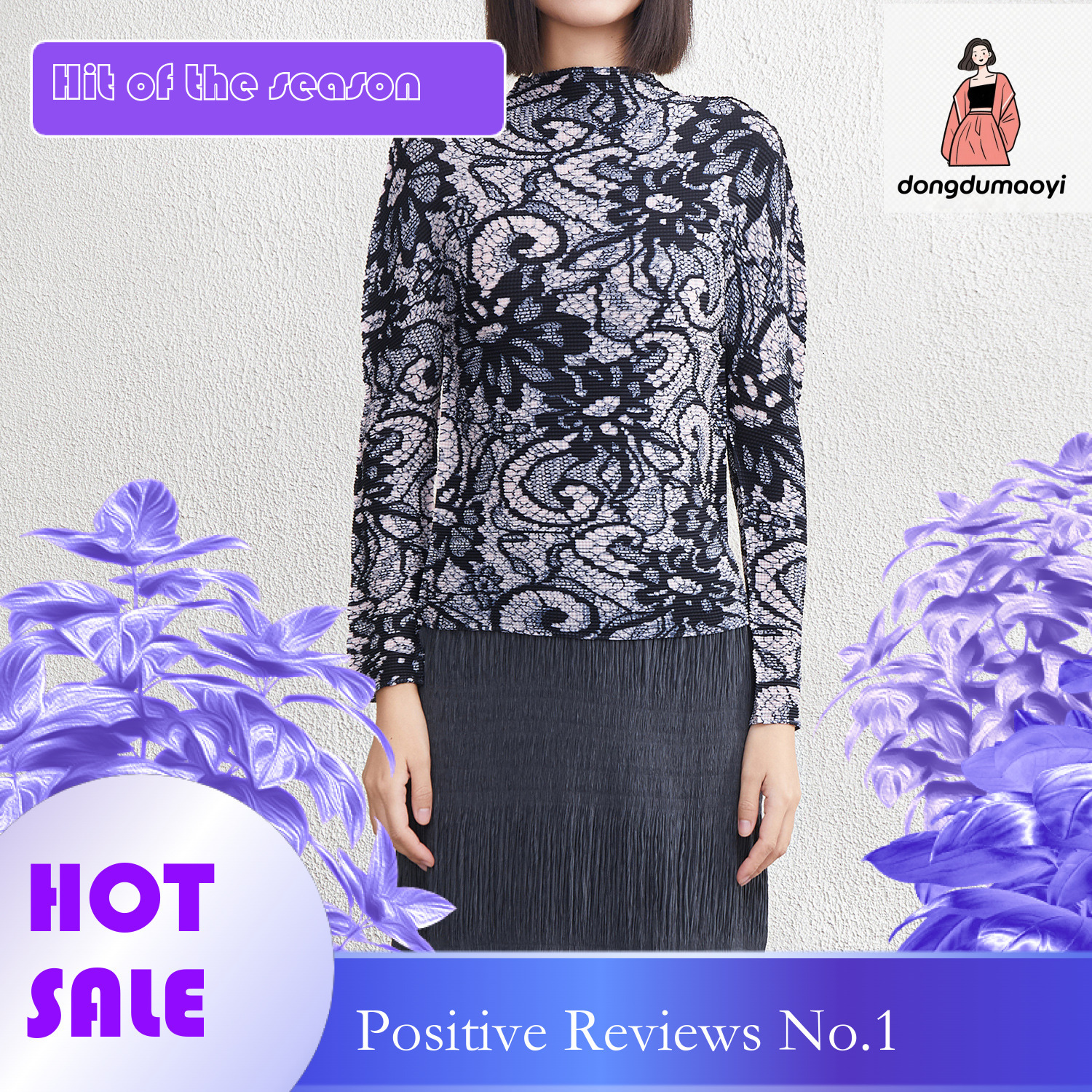 dongdumaoyi Wrinkled Fashion Printed Mesh Bottom Shirt for Women, Spring 2025 New Style, Stylish Small Shirt, Inner Top Looks Thin