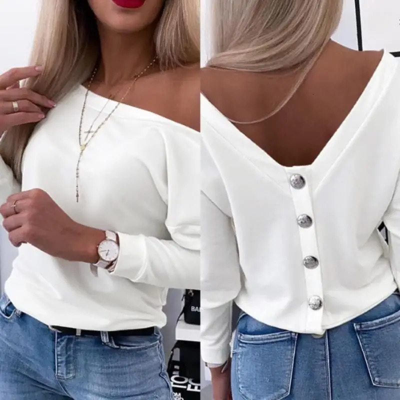 Autumn Long Sleeve Chic Back Buttons Pullovers Shirts Women Elegant Slim Fit Casual Blouse Fashion Solid Skew Collar Shirt 250514