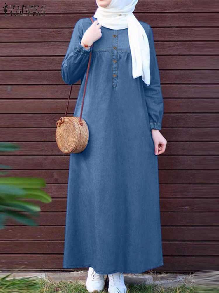 ZANZEA Denim Blue Muslim Hijab Abaya Robes Autumn 2024 Long Slve Loose Casual Islamic Maxi Dress Solid Women Kaftan Dresses X250514