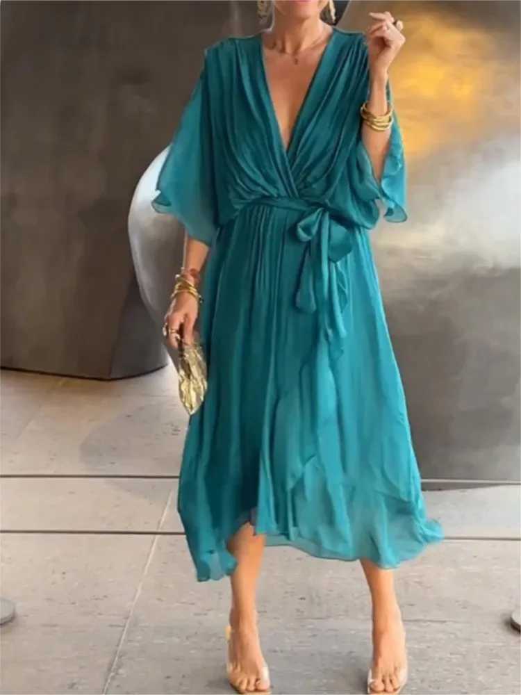 For Womens Beach Solid Color Lace-up Long Dress Spring Summer New Fashion Casual Bat Sleeve Irregular Elegant Female Dress 2025XJ250514