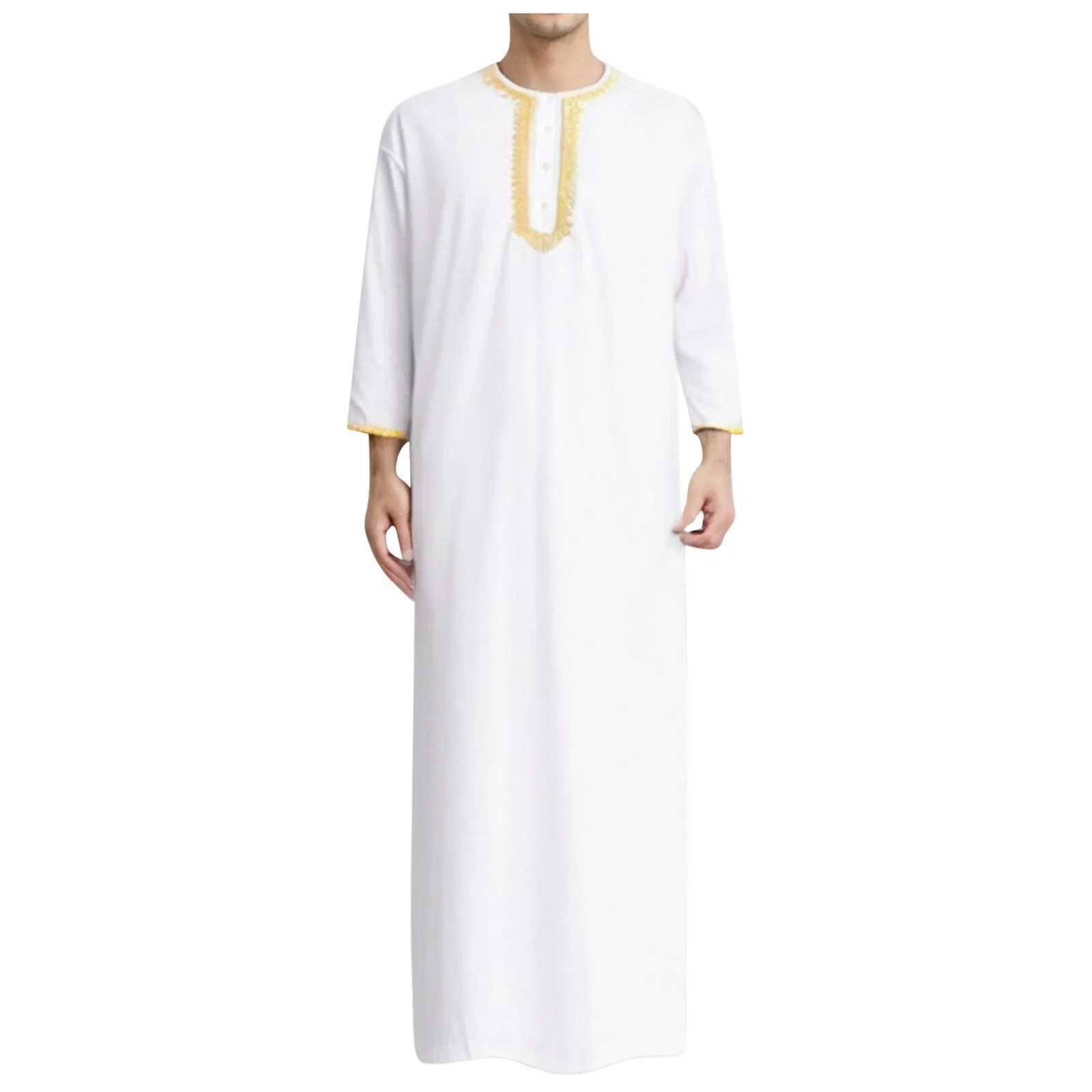 Mens Embroidered Robe Muslim Arab Hui Solid Color Ribbon Robe Dubai Travel Robe Simple Casual Korean Version Slim Fit Shirts X250514