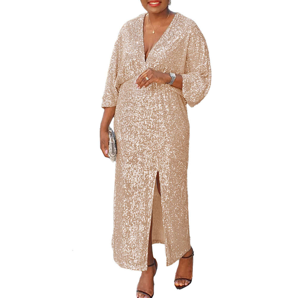 Women's Wear Women's Wear Women's Autumn New Item Loose V-Neck Fashionable Sequin Slit Long Skirt Plus Size Dress