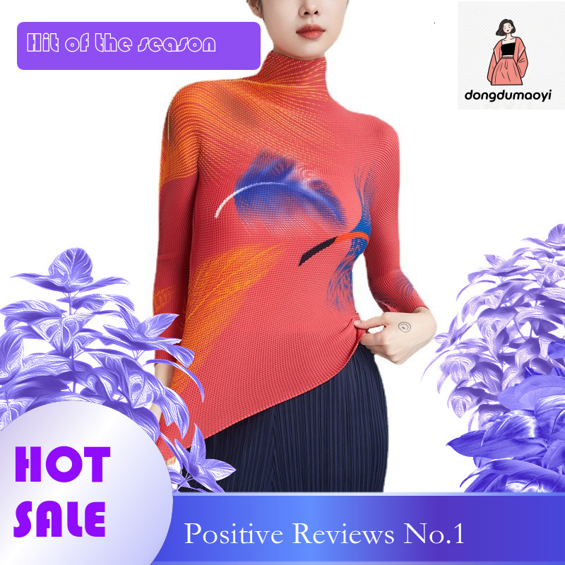 dongdumaoyi Wrinkled long sleeved t-shirt for women, 2023 autumn three bedroom new style, semi high neck, elastic slim fit printed bottom shirt top