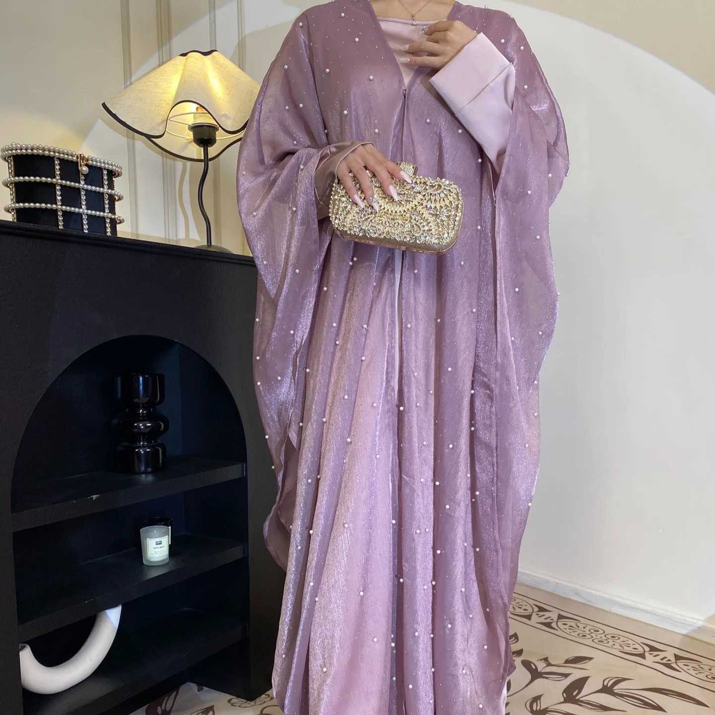 Fashion Open Abaya Shiny Kimono Cardigan Women Muslim 2 Piece Set Maxi Dress Dubai Turkey Kaftan Ramadan Eid Robe Gown Jalabiya X250514