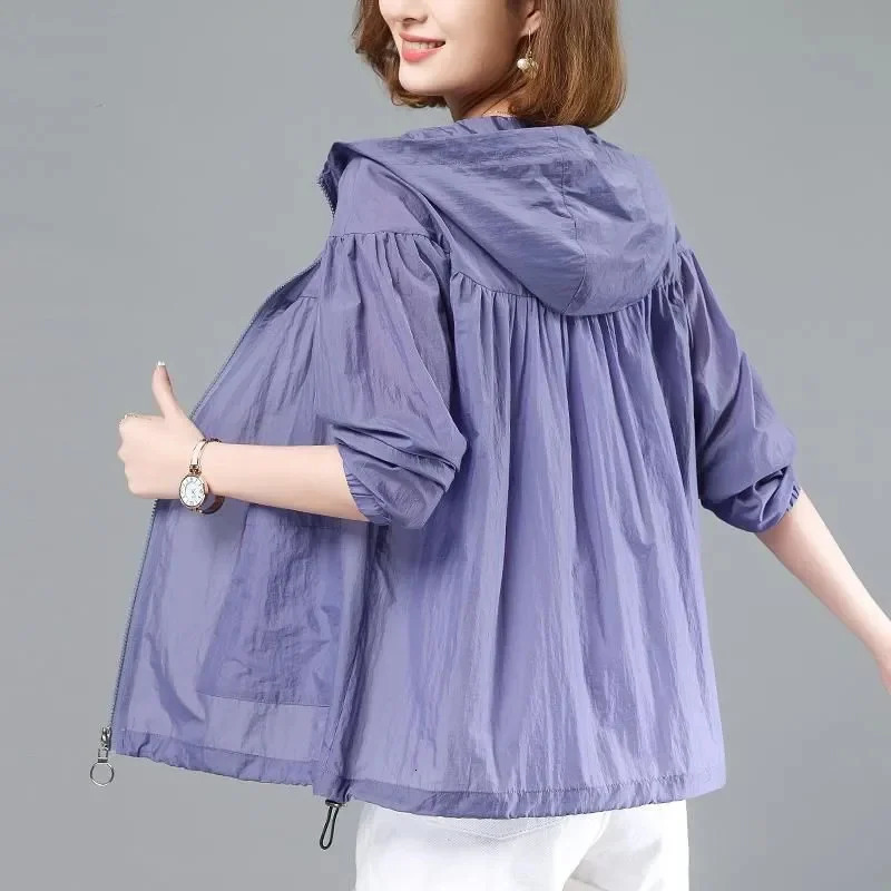 2025 Summer Thin Breathable Sun Protection Clothing Womens Loose UV Protection Hooded Coat Tops Female Outdoor Short Outwear 250513