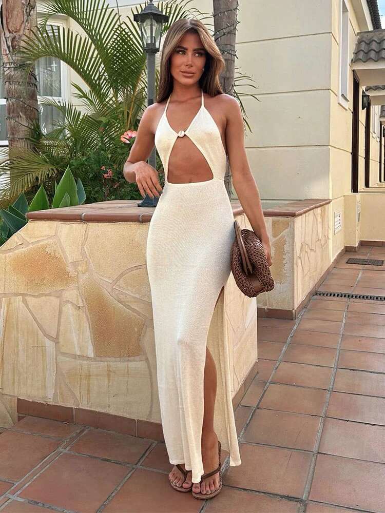 Sexy Knit Halter V Neck Slit Beach Maxi Dress For Women 2025 Chic Button Cut Out Backless Party Dresses Swimwear Cover Up A3151