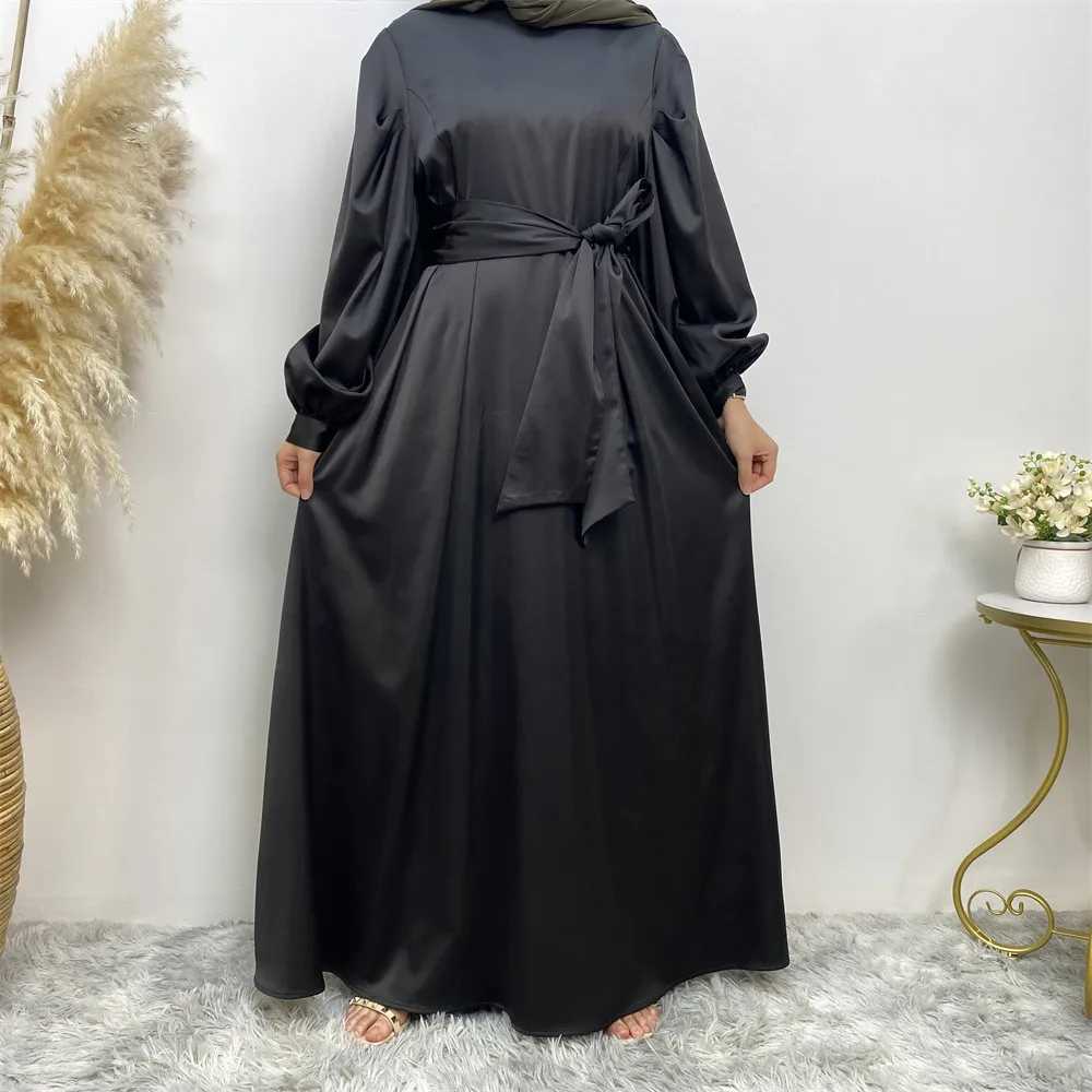 Fashion Women Satin Muslim Dress Hijab Arabic Pleated Abaya Dubai Balloon Slve with Ribbon Islamic Dress With belt wy1589 X250514