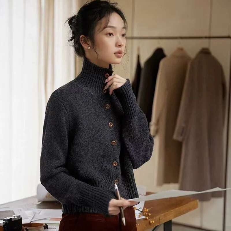 French Vintage Brown Stand Collar Sweater Cardigan Coat Women 100% Pure Wool Knitted Top Autumn Winter Fashion Women's Clothing
