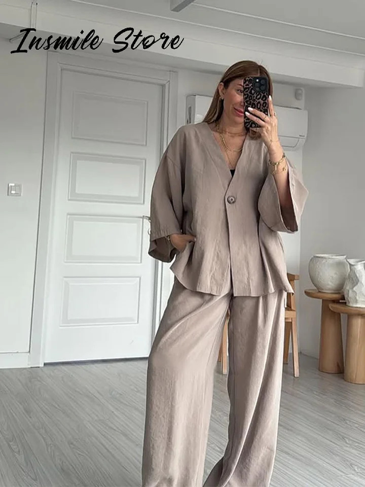 Casual Solid Women Pants Suits V-neck Single Buttons Loose Top Wide Leg Trousers 2025 Spring Summer Fashion Female Sets 250513