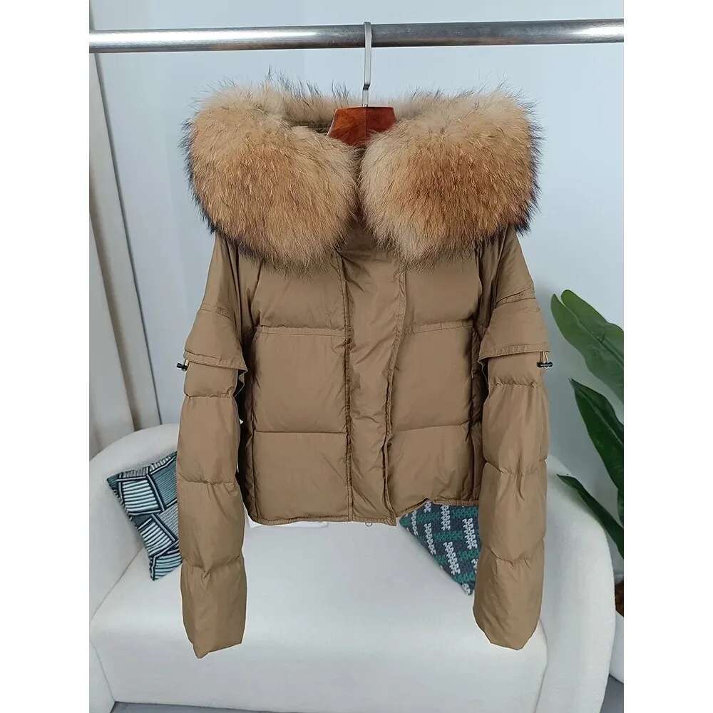 Autumn Winter Women Real Raccoon Fur Collar Hooded Detachable Sleeve Jacket Duck Down Loose Fashionable Streetwear Outerwear