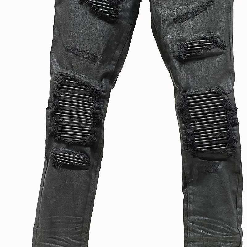 Owen Seak Mens Oil wax Jeans Cotton Denim Slim Autumn Hole Pencil Trousers Designer luxury Pants X250514