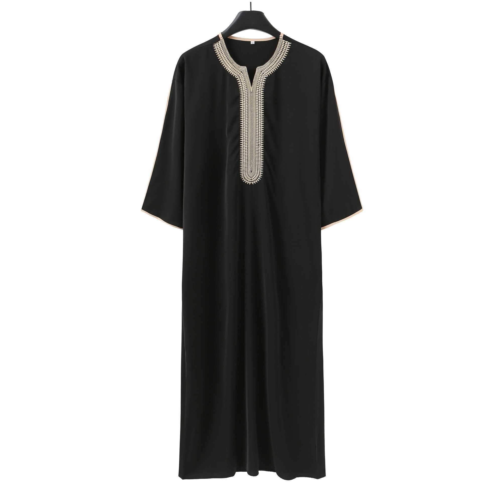 Summer 2025 Kaftan Muslim Mens Short Sleeve Embroidered Loose Casual Robe Breathable Islamic Abaya for Men X250514