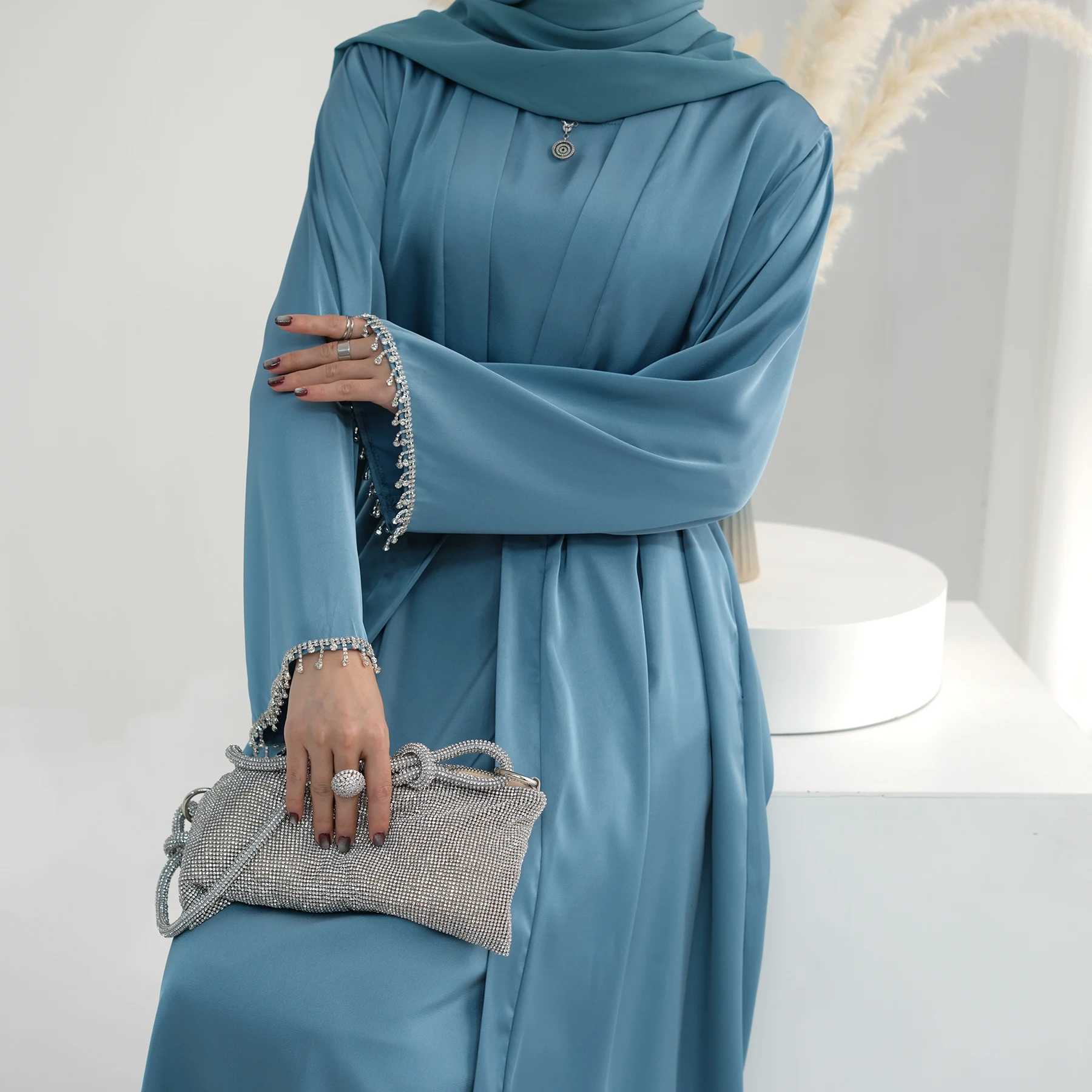 Diamonds Tassel Muslim Women Matching Outfits Kimono Open Abaya Dress 2 Pieces Set Satin Jalabiya Islamic Kaftan Ka Ramadan X250514