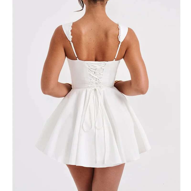 Lamuusaa Corset Women Sexy Clothes Solid Color Square Collar Sleeveless Ruffle Hem A Line Mini Dress Club Party Dresses