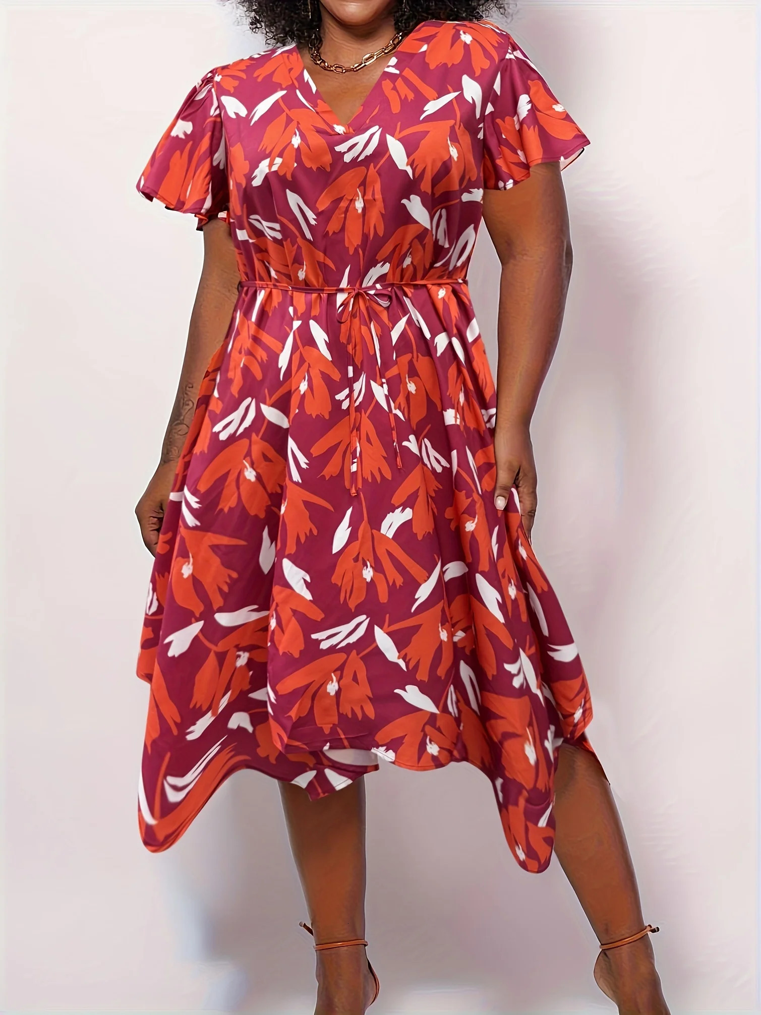 Large size dress with springsummer holiday beach style print Vneck irregular hem n loose lotus sleeves at the waist 250506