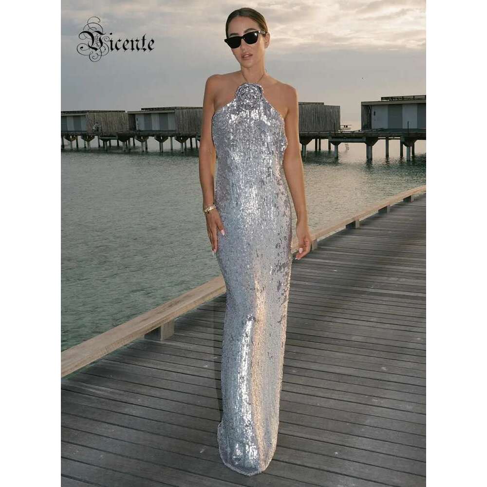 VC Floral Applique Sequined Sier Gown Halter Structured 3D Flower Backless Strings Tied Bodycon tail Party Evening Dress