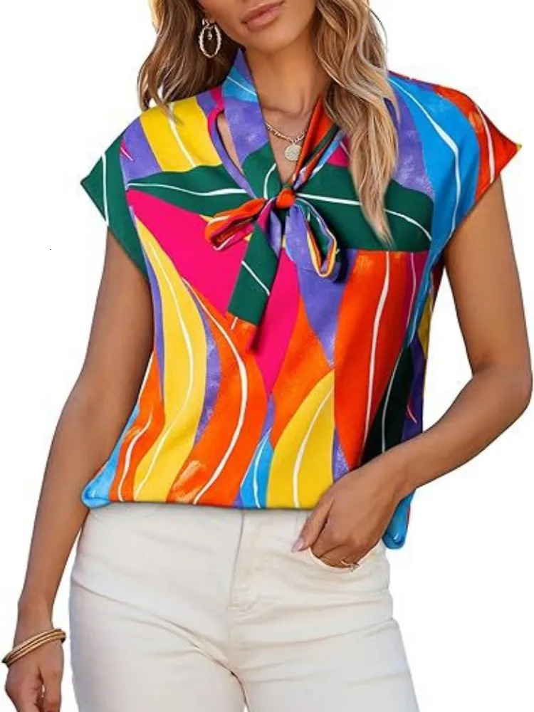 Women Summer Style Blouses Shirts Lady Casual Short Sleeve Bow Tie Collar Printed Blouse Tops 250514