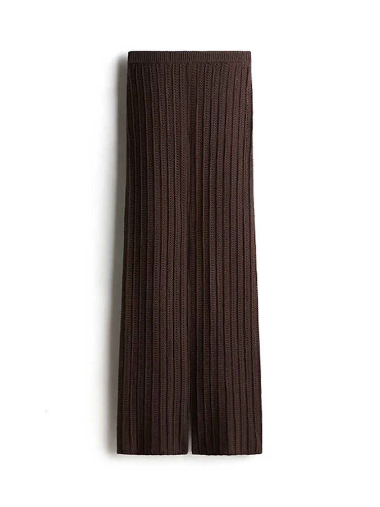 Brown Knit Pants Sets Women Hollow Out Lapel Half Sleeve Cardigan Wide Leg Trousers Suit 2025 Summer Lady Beach 2 Pieces Outfits 250513