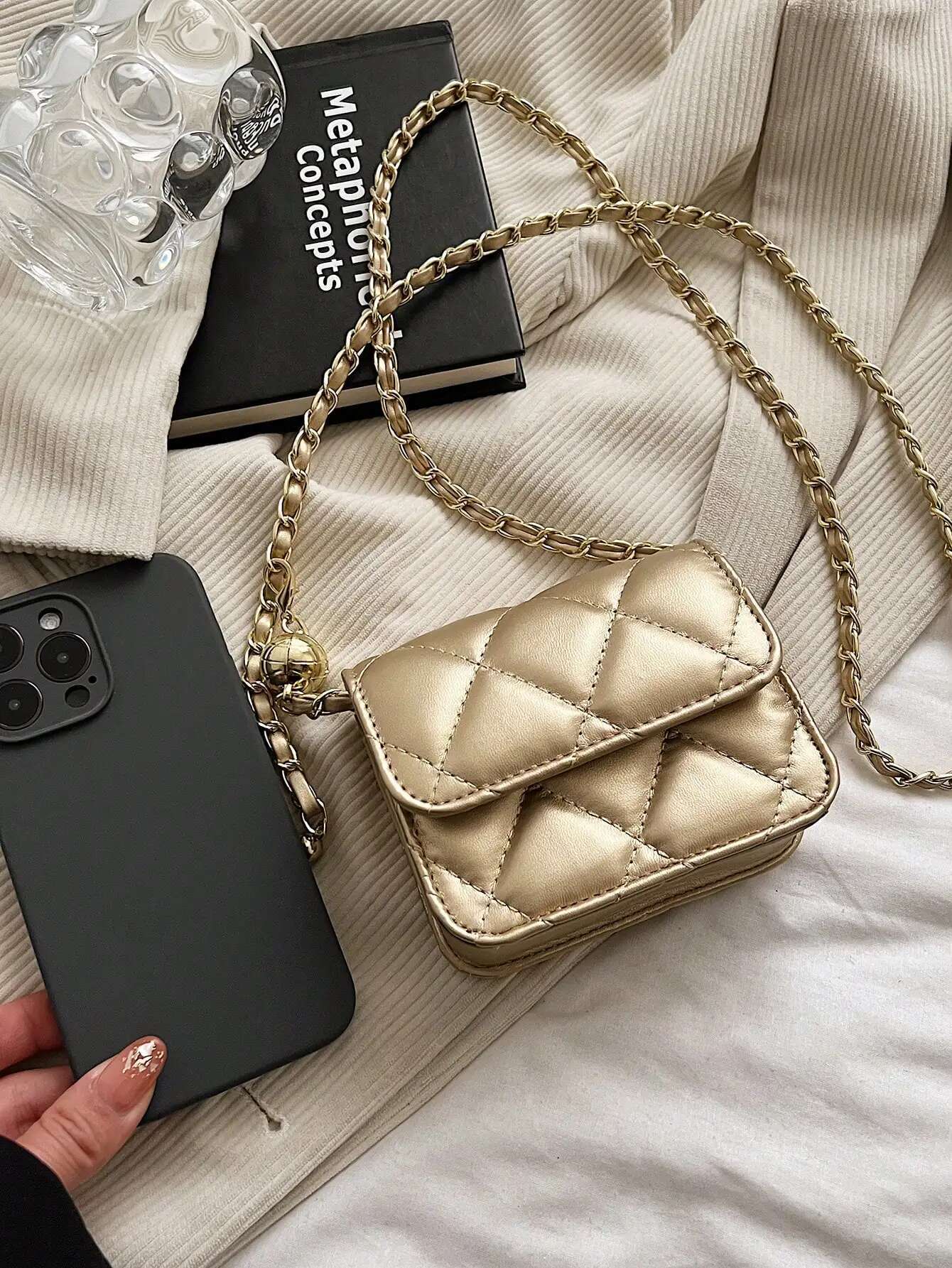 2025 new bag simple multifunctional texture mini belt with golden ball chain shoulder strap designer crossbody bag diamond grid chain women's sma