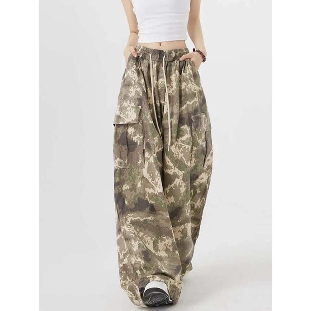 Zoki Streetwear Camouflage Cargo Women High Waist Y2K Haruku Wide Leg Trousers Vintage American Pockets Lace Up Pants