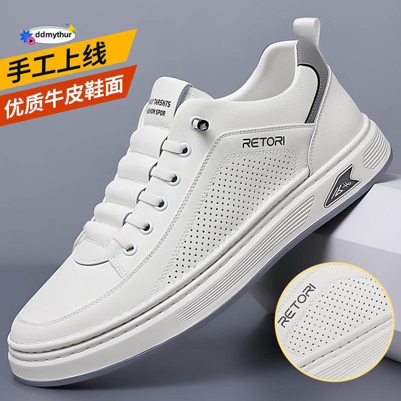 2025 Summer New Board for Men, Breathable Hollow Mesh, Genuine White Top Layer, Leather, One Step Casual Shoes ddmythur