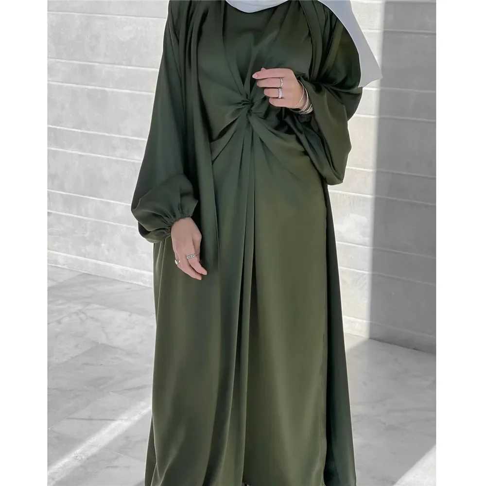Muslim Hijab Dress Eid Satin Abayas 3 Piece Matching Sets Women Open Turkey Arab Robe Kaftan Kimono Femme Jalabiya Vestidos Gown X250514