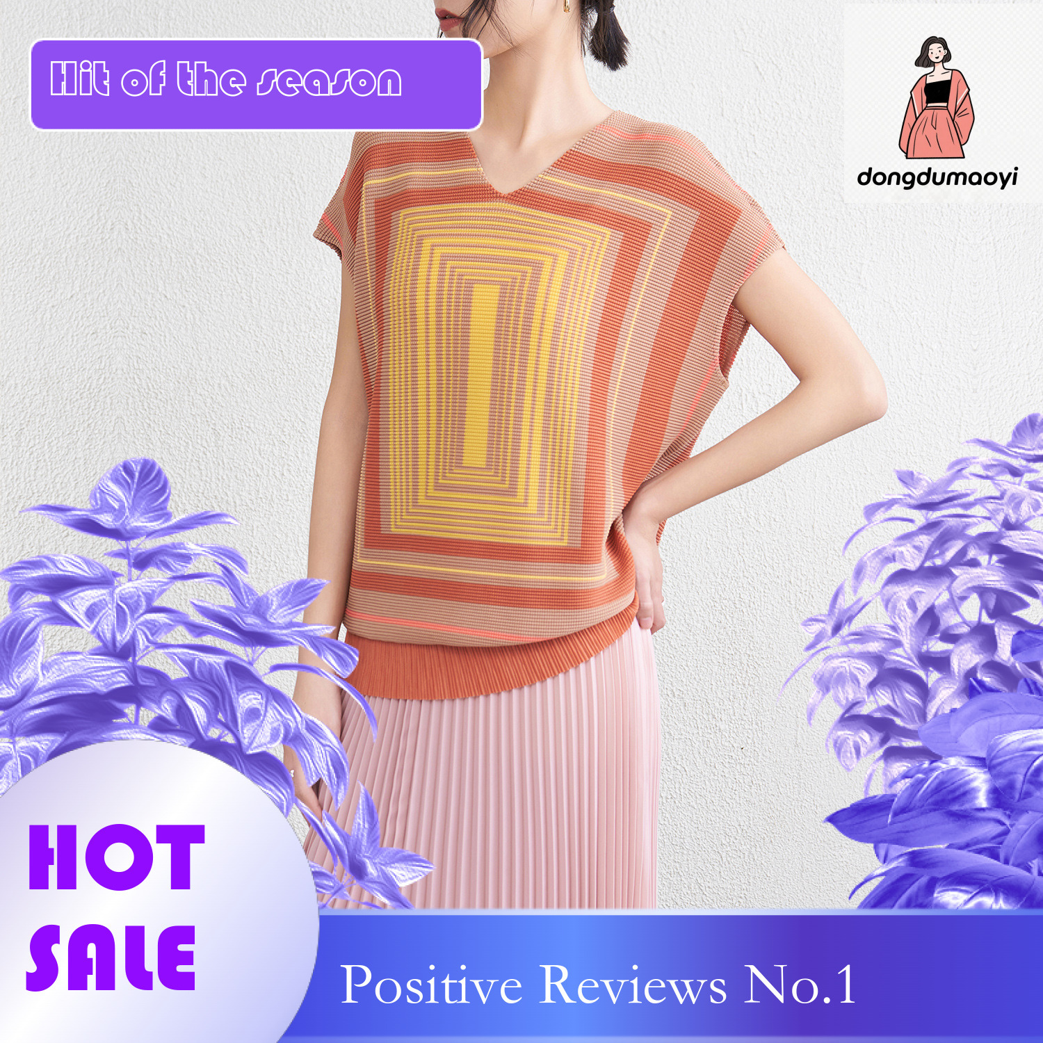 dongdumaoyi Miyake printed short sleeved for women's summer 2025 new fashion V-neck plus size slimming pullover shirt top