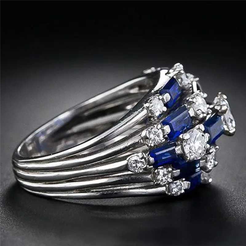 925 Sterling Silver Blue/White CZ Full Bling d Out Female Cubic Zirconia Wide Rings for Women Statement Jewelry GiftsXJ250514