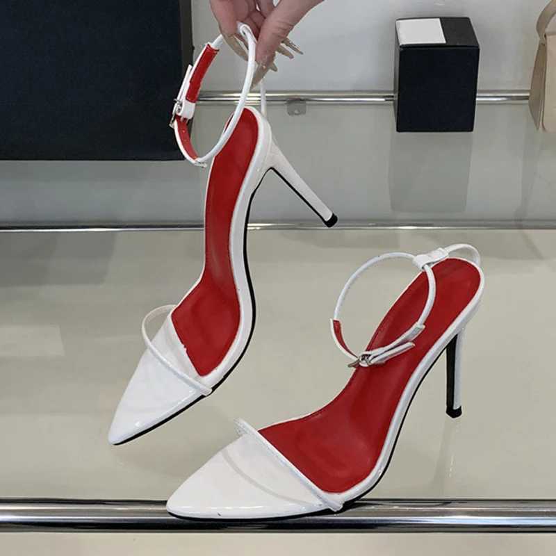 Likes 2025 Summer Fashion White Patent Leather Ankle Strap Sandals Women Sexy Pointed Open Toe Stripper Heels Wedding Prom Shoes W250514