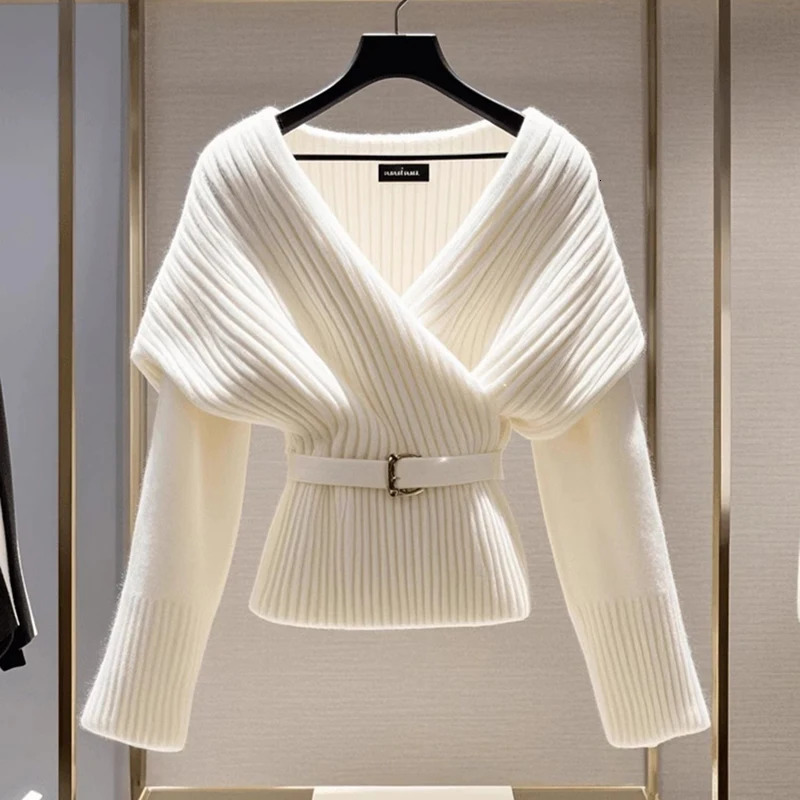 Fashion Women White Knitted Sweater Blouses V-neck Long Sleeve Vintage Top Soft Pullovers Sweater 2025 Autumn Winter 250514