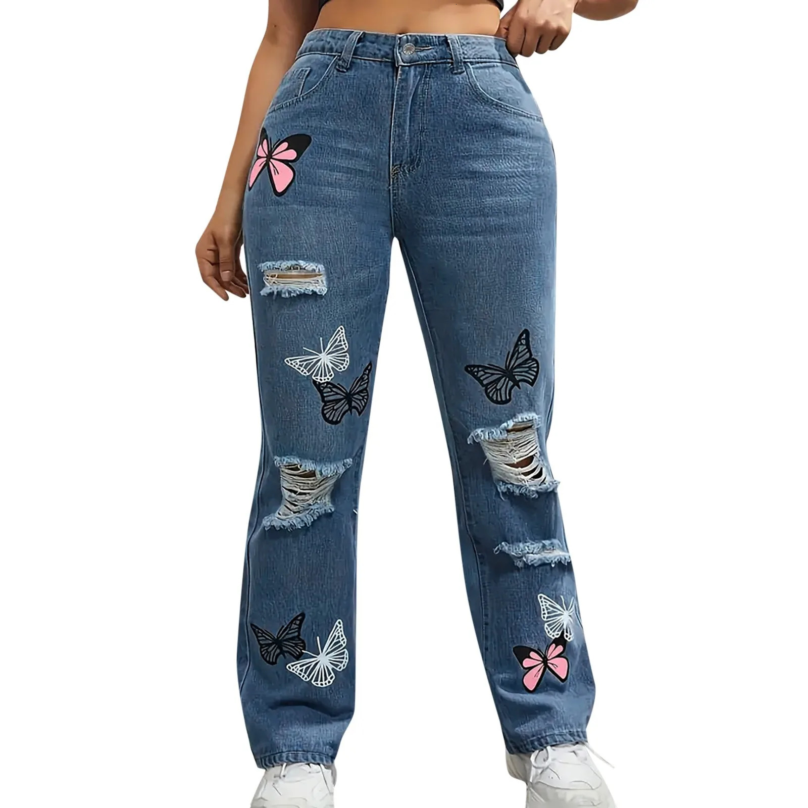 Oversized womens jeans boyfriend Plus high waist wide leg blue mens perforated 250530
