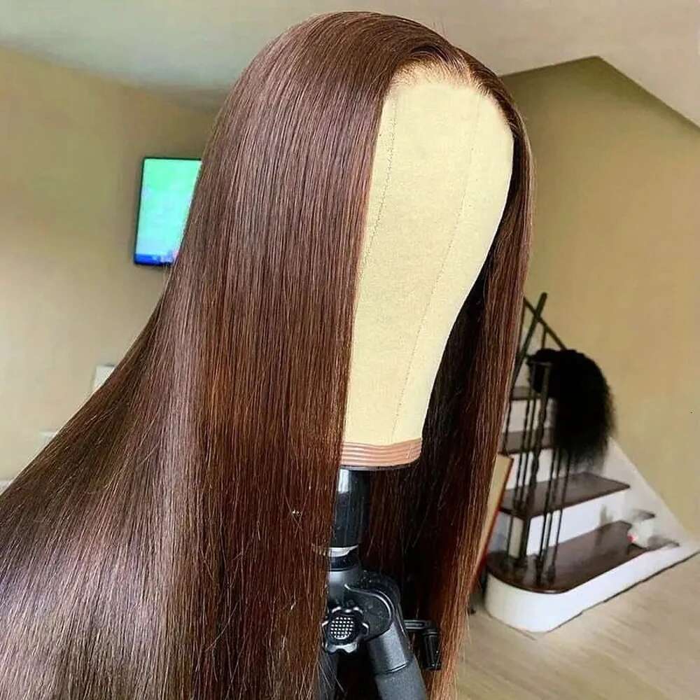 13X4 Chocolate Brown Long Straight Front Wigs For Black Women Colored Transparent HD Synthetic Lace Frontal Wig Pre Plucked