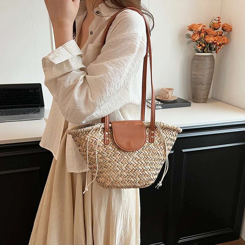Designer Straw For Women Handmade Woven Handbag Rattan 2024 Summer Beach Shoulder Bag Female Basket Shopper Bags