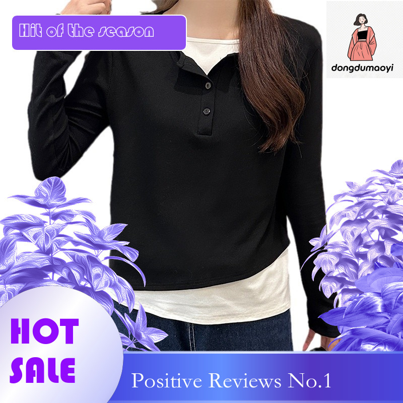 dongdumaoyi Fake two t-shirts, small breasted long sleeves, early autumn design sense, niche contrasting color top, inner bottom layer, women's c